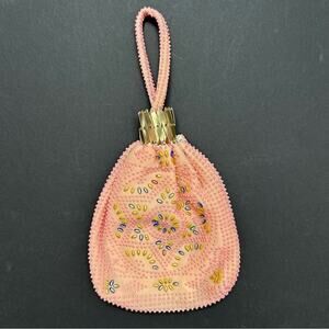 Vintage 60s Pink Beaded Wristlet Bag with Gold Metal Opening